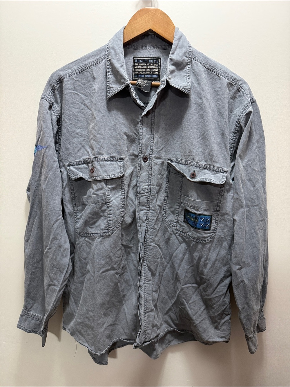 Vintage 90s Bugle Boy Men's Washed Gray Polo Long Sleeves 29x23 SizeM